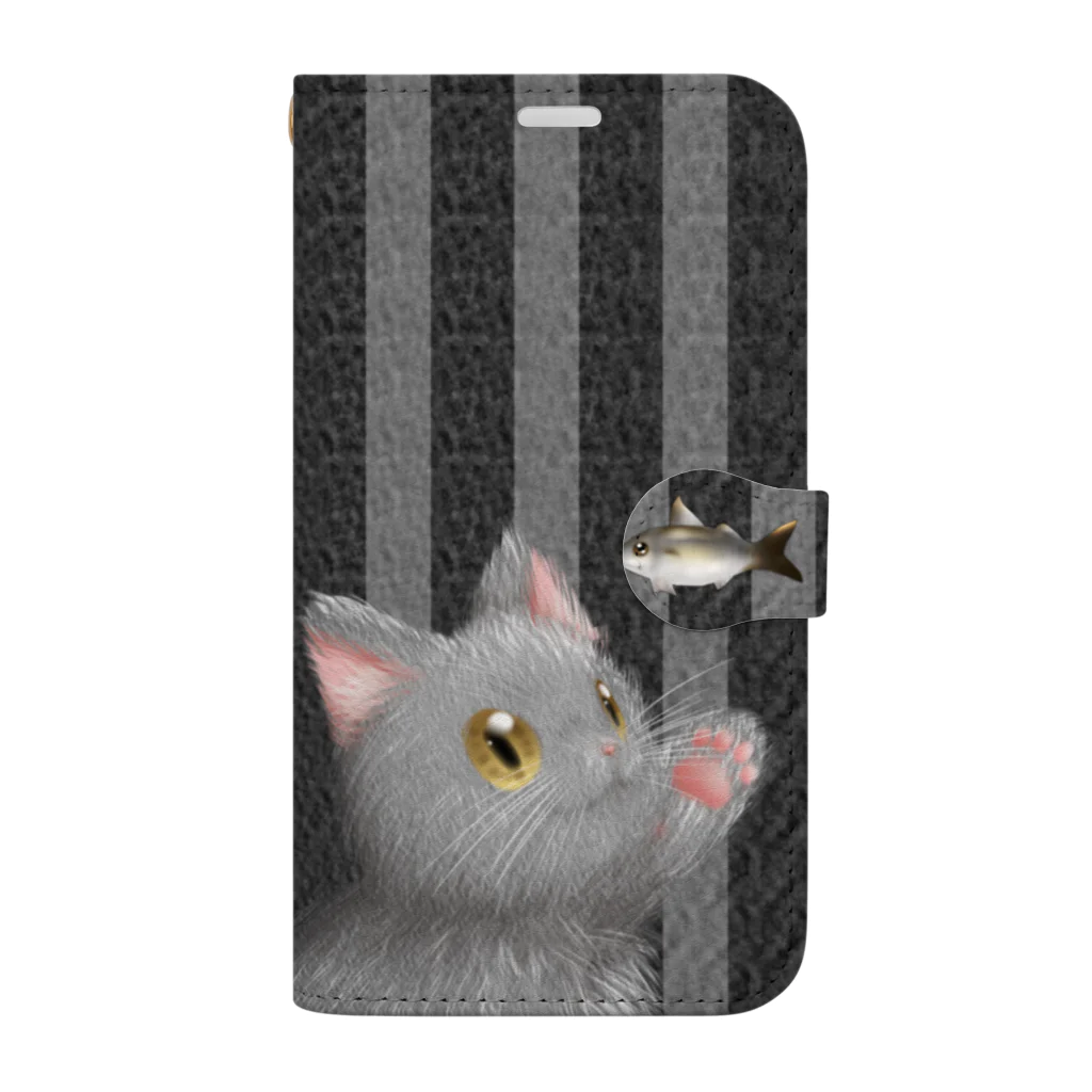 かわいいもののおみせ　いそぎんちゃくのお魚にゃーvar.3もふもふ　灰猫　ブラック　ストライプ　肉球マーク付き Book-Style Smartphone Case