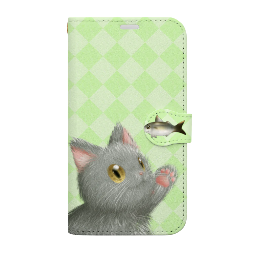 かわいいもののおみせ　いそぎんちゃくのお魚にゃーvar.3もふもふ　灰猫　ライトグリーン　ダイヤ柄　肉球マーク付き Book-Style Smartphone Case