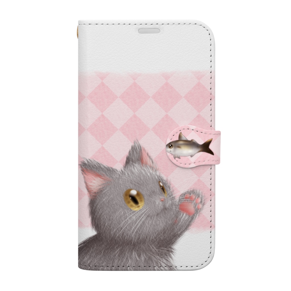 かわいいもののおみせ　いそぎんちゃくのお魚にゃーvar.3もふもふ　灰猫　ピンク　ダイヤ柄　上下白ライン　肉球マーク付き Book-Style Smartphone Case