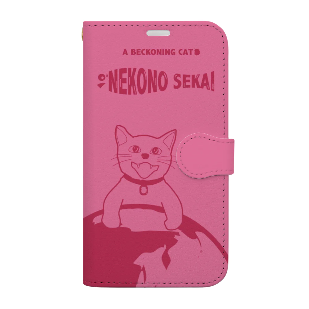 A BECKONING CATの世界征服をもくろむネコ（ピンク） 手帳型スマホケース