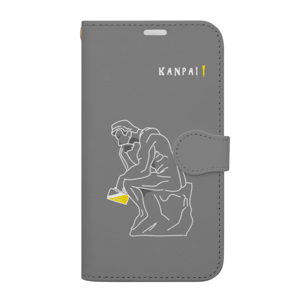 ビールとアート TM-3 Designの彫刻 × BEER（考える人）白線画-グレー Book-Style Smartphone Case