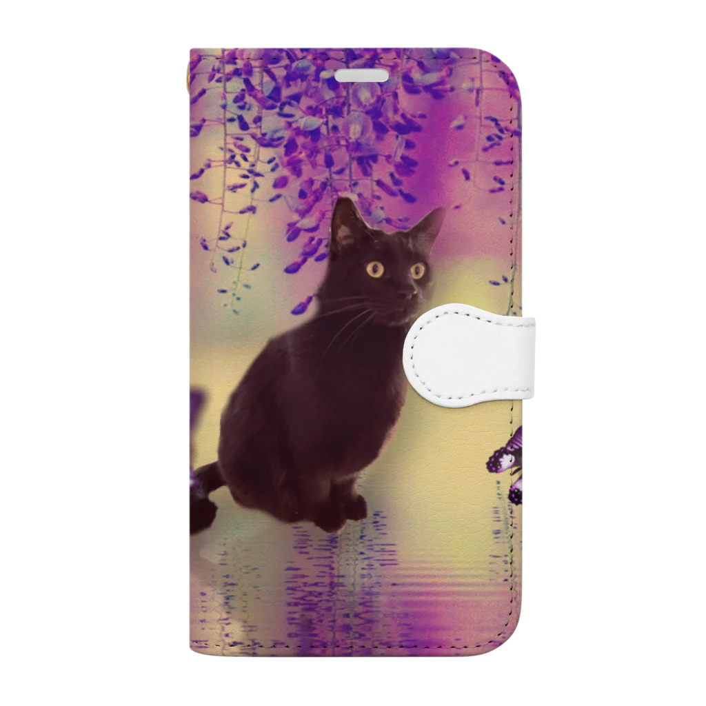 live with catsの黒猫と藤の花 Book-Style Smartphone Case