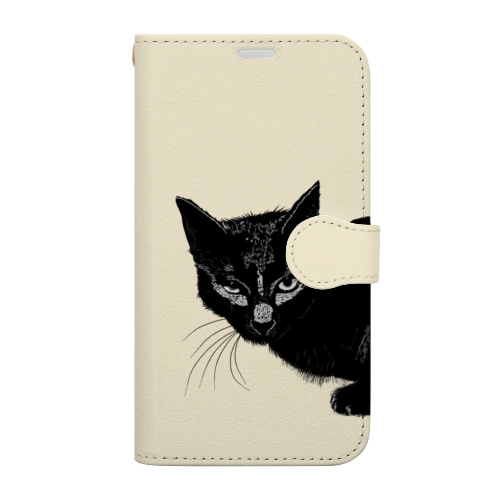 カッコよく覗きに来た黒猫　ベージュ Book-Style Smartphone Case