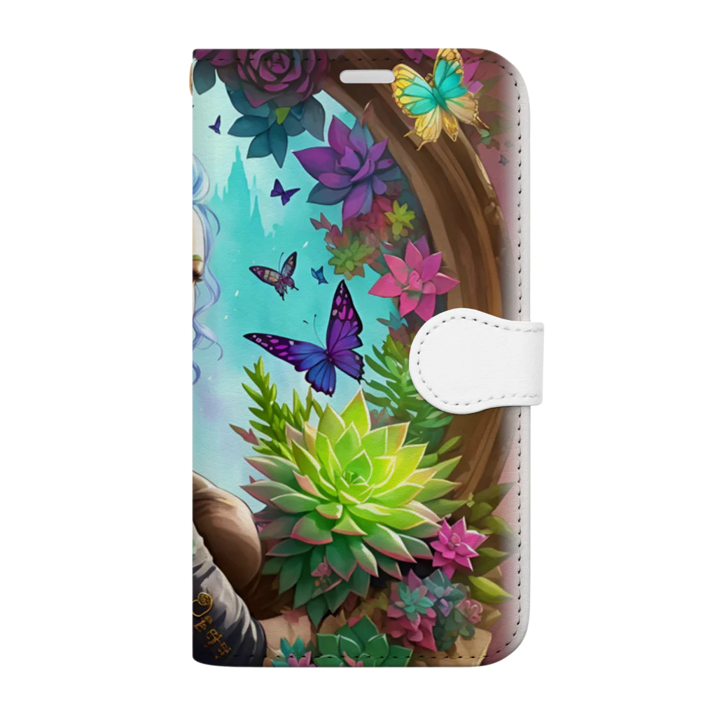 saayaan＠succulent_artistの青色の髪の多肉ショップの店員と蝶 Book-Style Smartphone Case