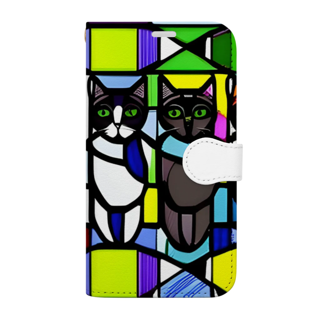 縞模様の4匹の猫A　ステンドグラス風 Book-Style Smartphone Case