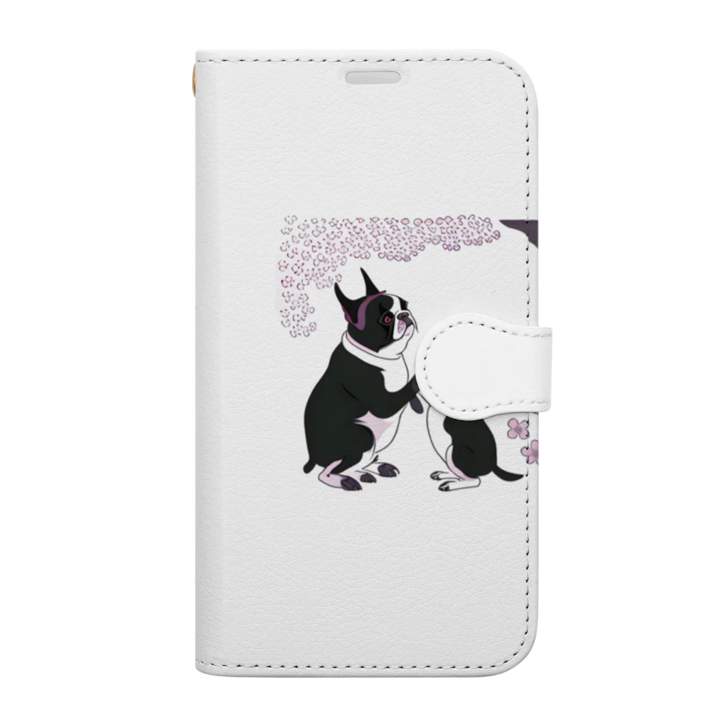 ふとっちょボストンのふとっちょボストン親子と桜 Book-Style Smartphone Case