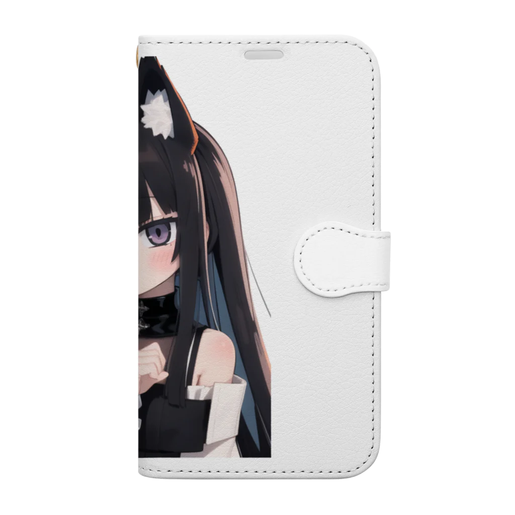 ケモ耳美少女キツネちゃん（AIart）の長い黒髪の愛らしい獣耳の少女 Book-Style Smartphone Case