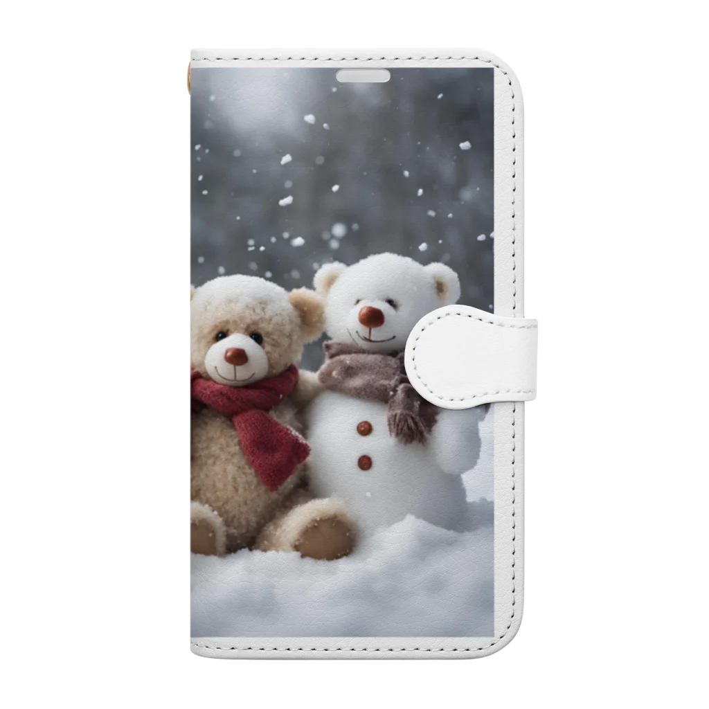 규리shopの雪だるまとテディーベア 冬の友達 手帳型スマホケース