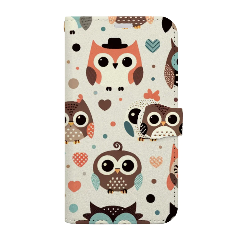 18ban's shopのフクロウドット柄 Book-Style Smartphone Case