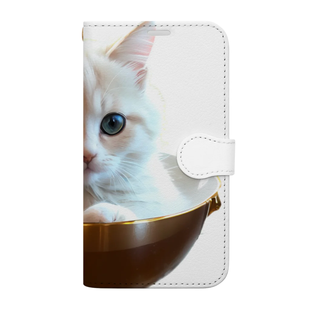 ヌコのお店の白猫カップイン Book-Style Smartphone Case