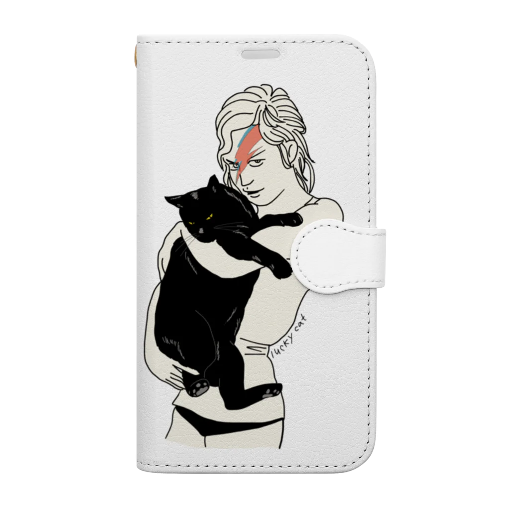 小鳥と映画館のイナズマメイクの女性と黒猫 Book-Style Smartphone Case