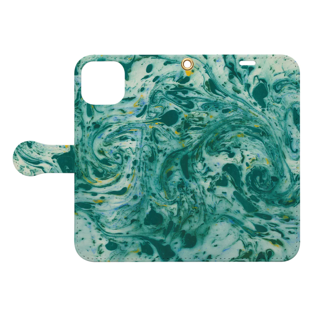 guruguのEbru Green Book-Style Smartphone Case:Opened (outside)