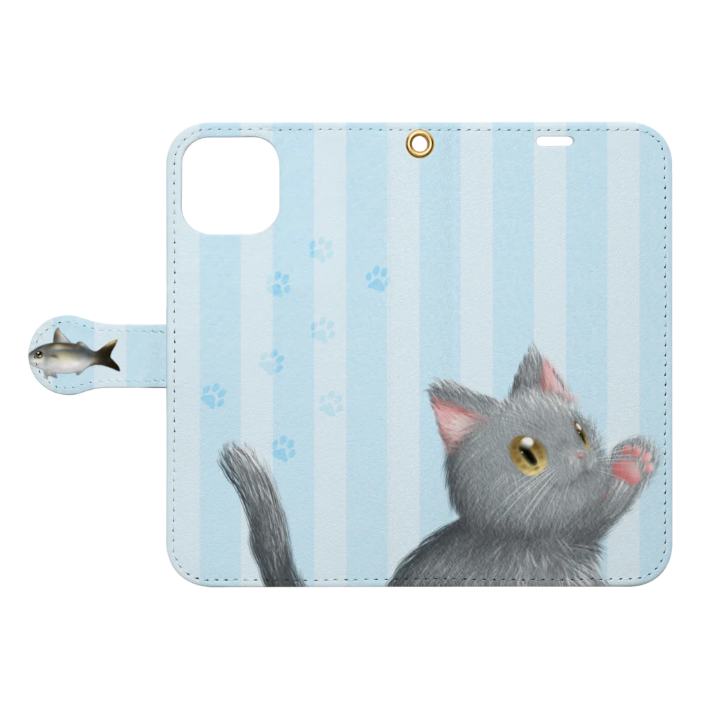 かわいいもののおみせ　いそぎんちゃくのお魚にゃーvar.3もふもふ　灰猫　ライトブルー　ストライプ　肉球マーク付き Book-Style Smartphone Case:Opened (outside)