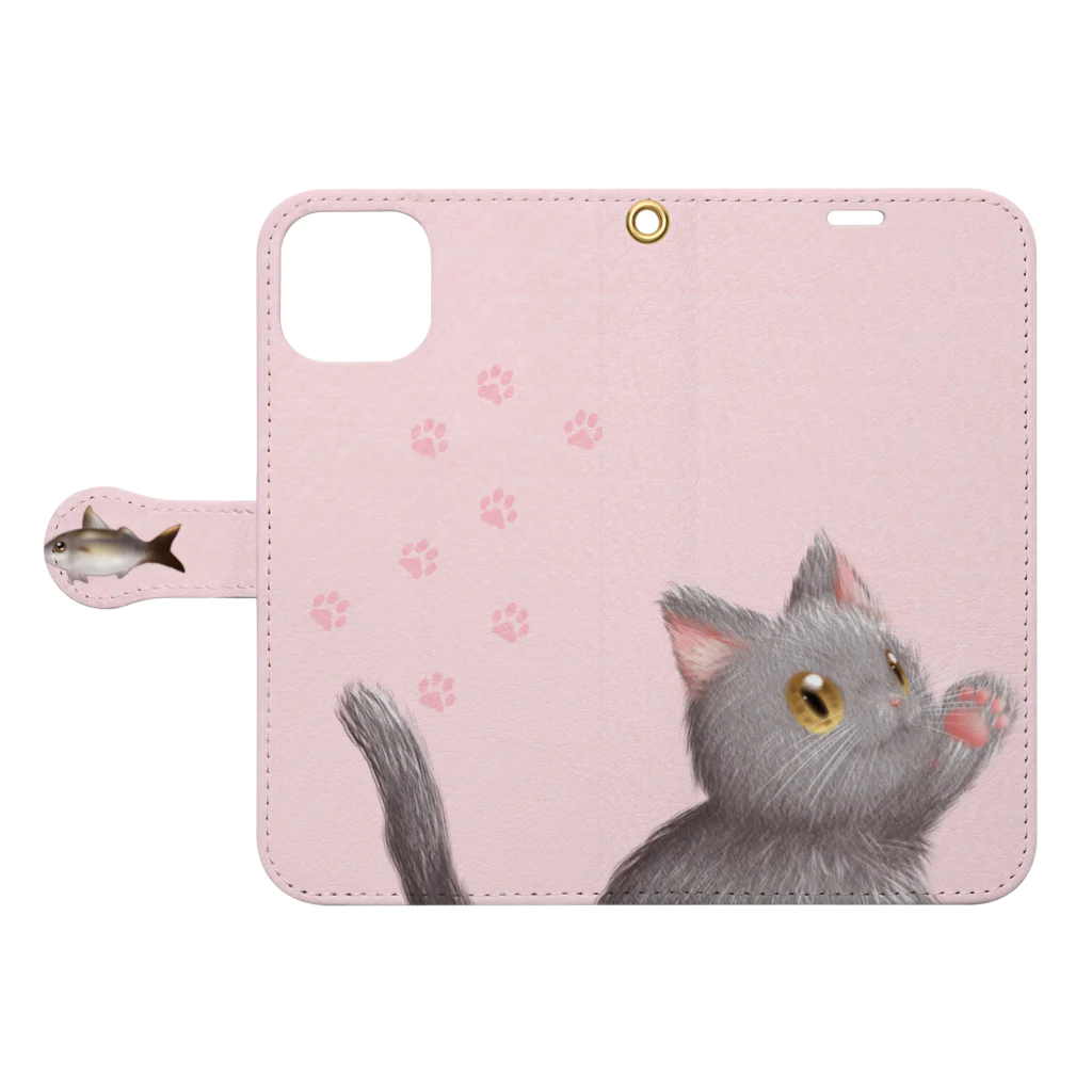 かわいいもののおみせ　いそぎんちゃくのお魚にゃーvar.3もふもふ　灰猫　ピンク　シンプル無地　肉球マーク付き Book-Style Smartphone Case:Opened (outside)