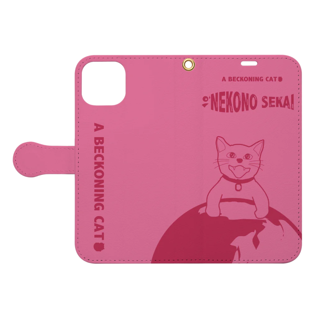 A BECKONING CATの世界征服をもくろむネコ（ピンク） Book-Style Smartphone Case:Opened (outside)