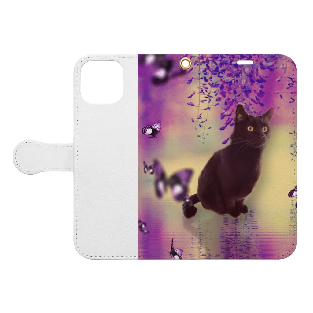 live with catsの黒猫と藤の花 Book-Style Smartphone Case:Opened (outside)