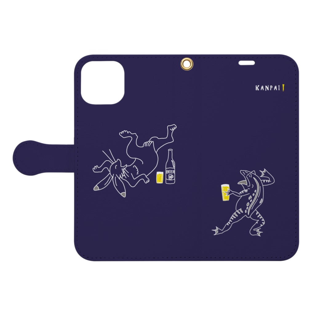 TM-3 Designの名画 × BEER（鳥獣戯画）白線画-紫 Book-Style Smartphone Case:Opened (outside)