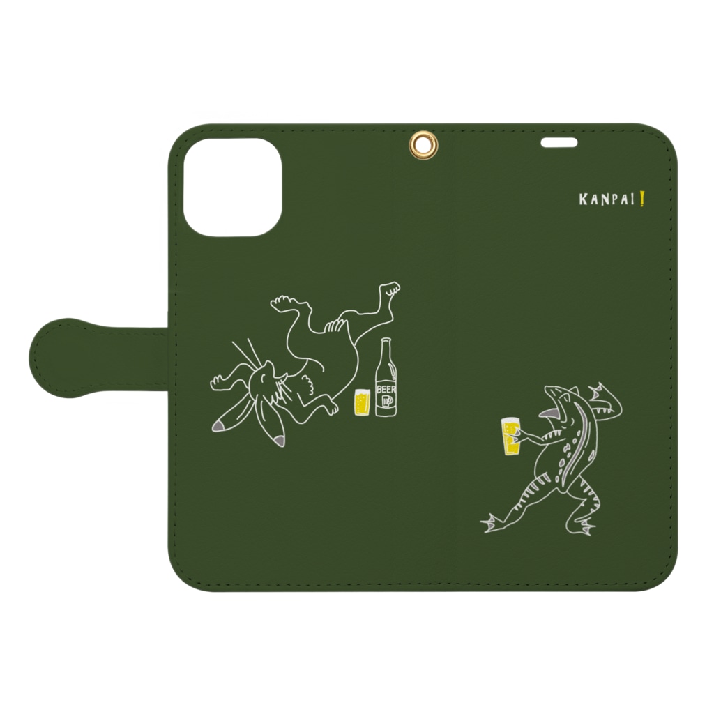 TM-3 Designの名画 × BEER（鳥獣戯画）白線画-緑 Book-Style Smartphone Case:Opened (outside)