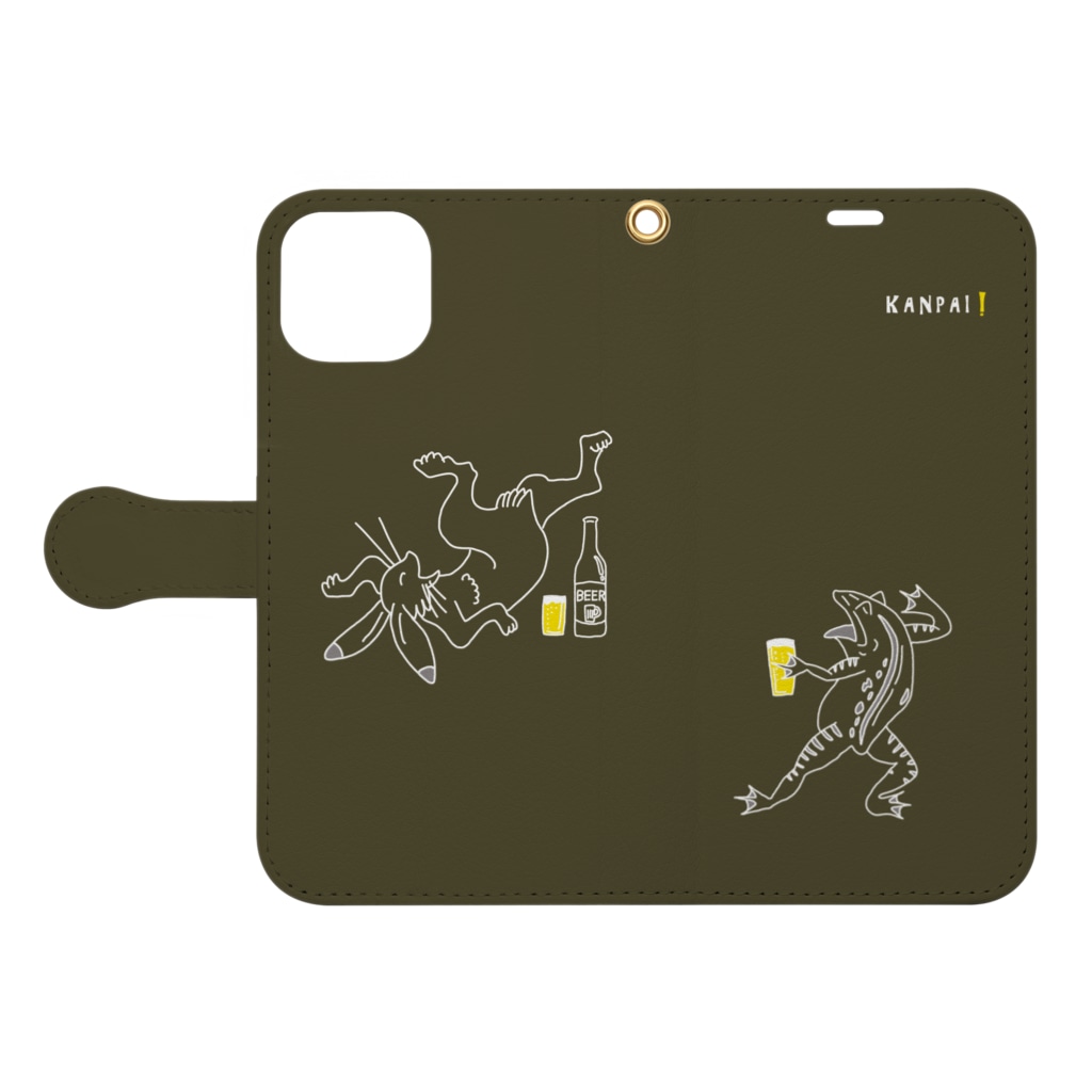 TM-3 Designの名画 × BEER（鳥獣戯画）白線画-茶 Book-Style Smartphone Case:Opened (outside)