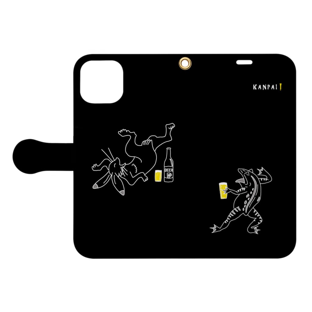 TM-3 Designの名画 × BEER（鳥獣戯画）白線画-黒 Book-Style Smartphone Case:Opened (outside)