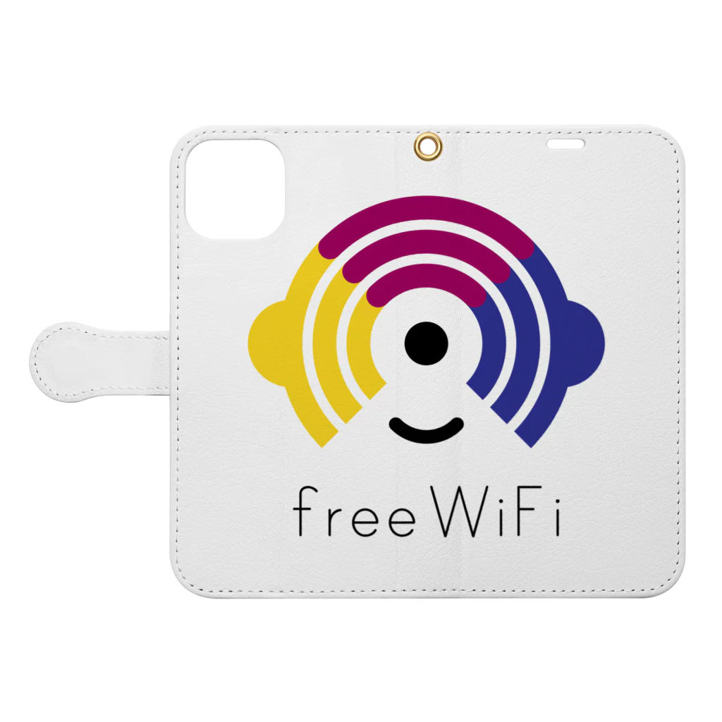 Free-WiFiのFree WiFi ロゴ グッズ（薄地） 手帳型スマホケースを開いた場合(外側)