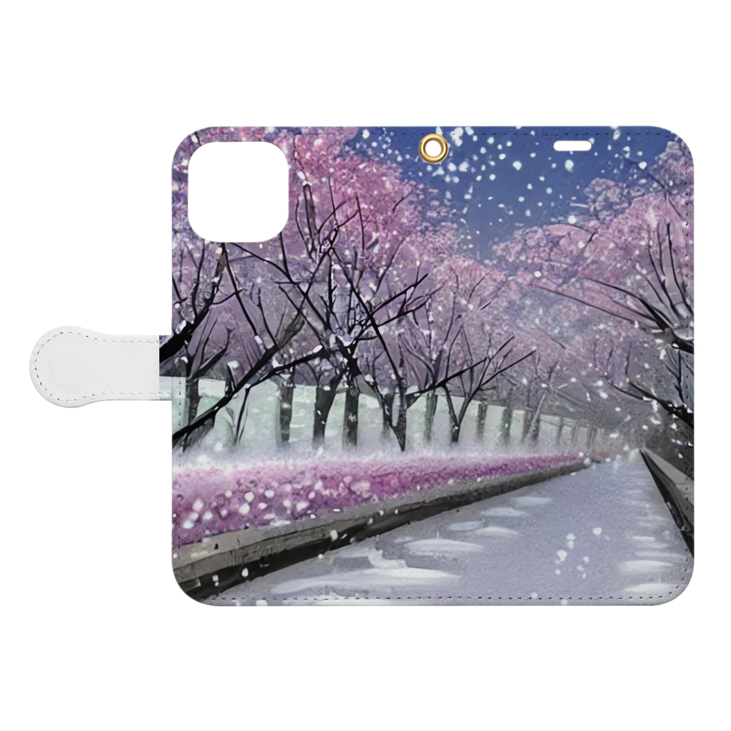 Yossy's Item Factoryの夜の桜並木に雪 Book-Style Smartphone Case:Opened (outside)