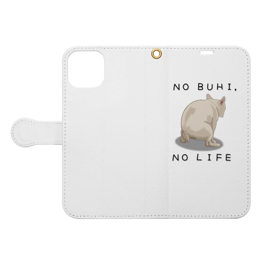 フレンチブルドッグうぱのNO BUHI , NO LIFE 手帳型スマホケースを開いた場合(外側)