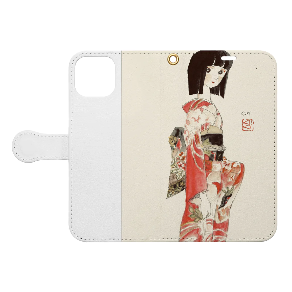 kukuri1957のお店の草子さん・朱の着物 Book-Style Smartphone Case:Opened (outside)