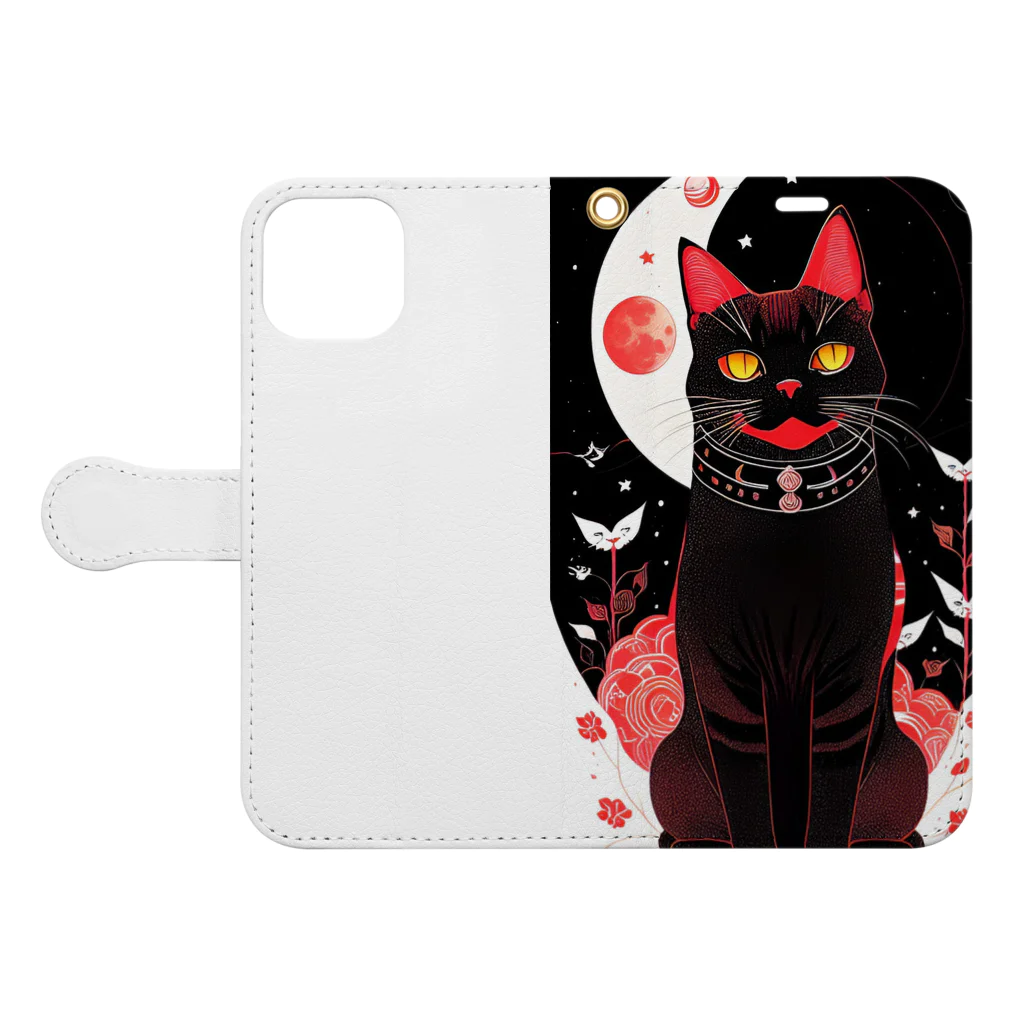 猫子猫の月と黒猫 Book-Style Smartphone Case:Opened (outside)