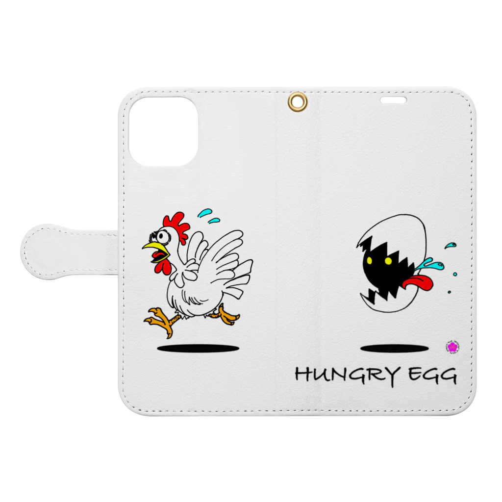 PLUM  VILLAGEの『Hungry egg』シリーズ・「逃げろ‼︎」 手帳型スマホケースを開いた場合(外側)