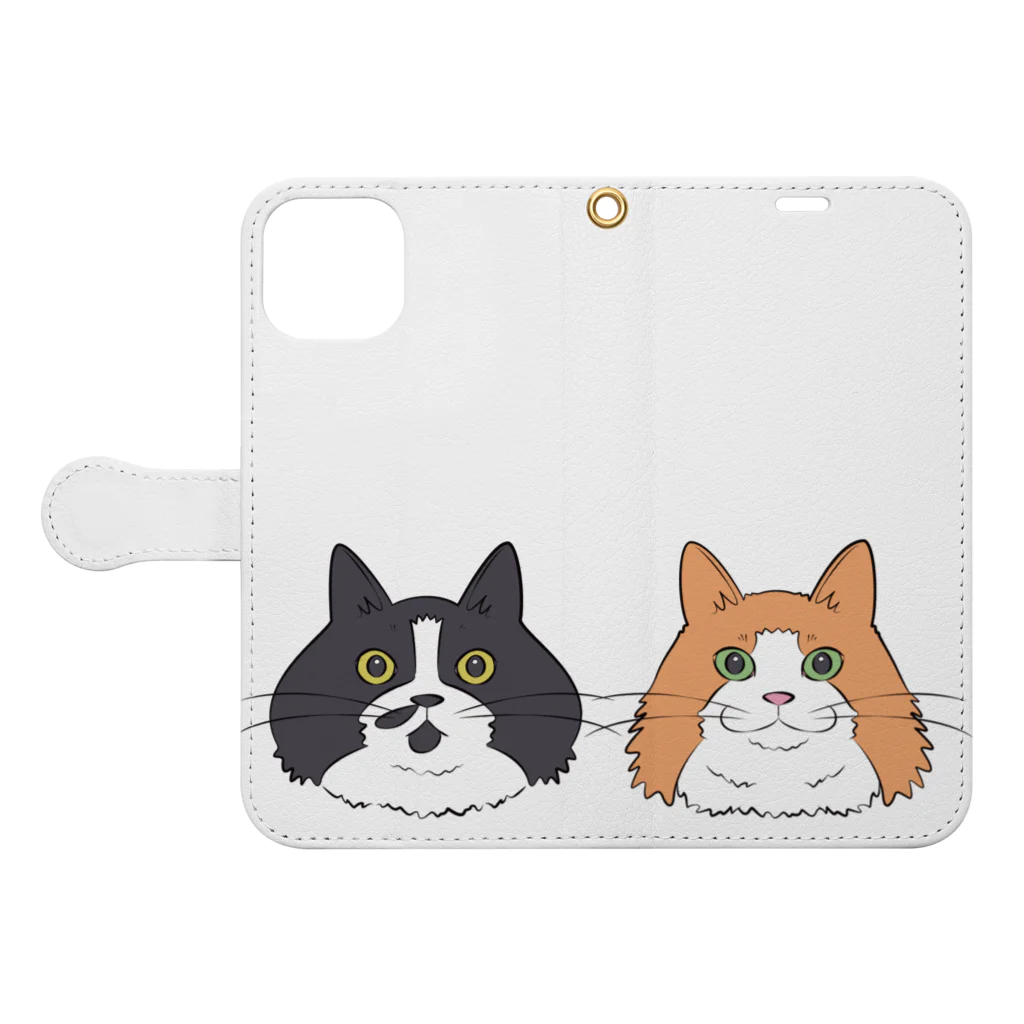 もふもふはちわれずの片髭ハチ子と髭袋デカ美 Book-Style Smartphone Case:Opened (outside)