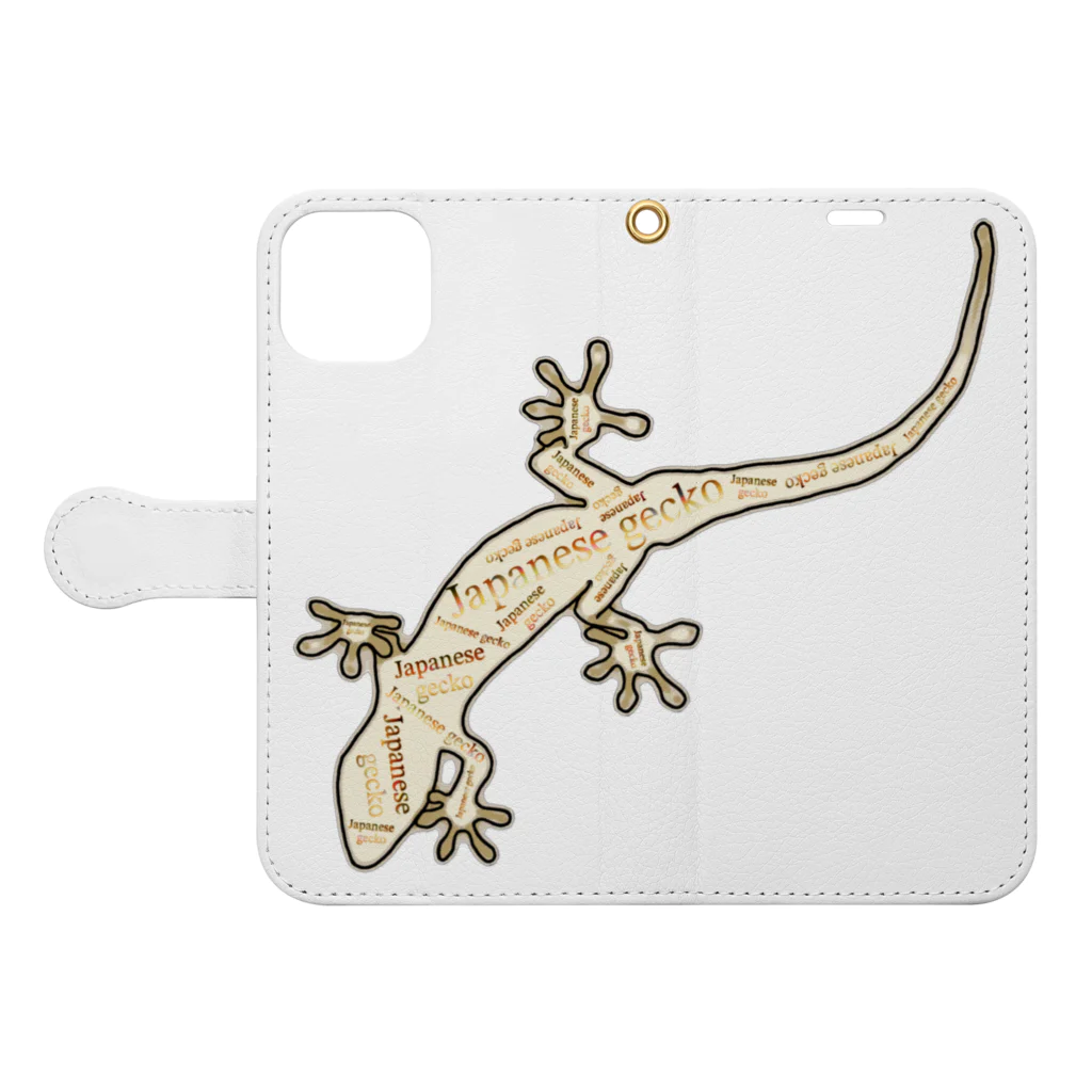 LalaHangeulのJapanese gecko(ニホンヤモリ)　英語デザイン Book-Style Smartphone Case:Opened (outside)
