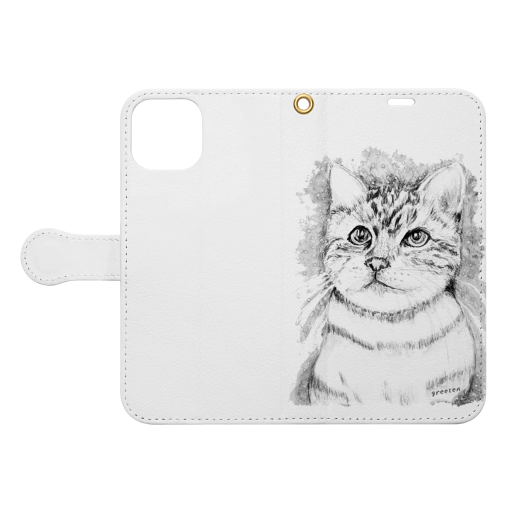 greetenのアート猫　モノクロ　 Book-Style Smartphone Case:Opened (outside)