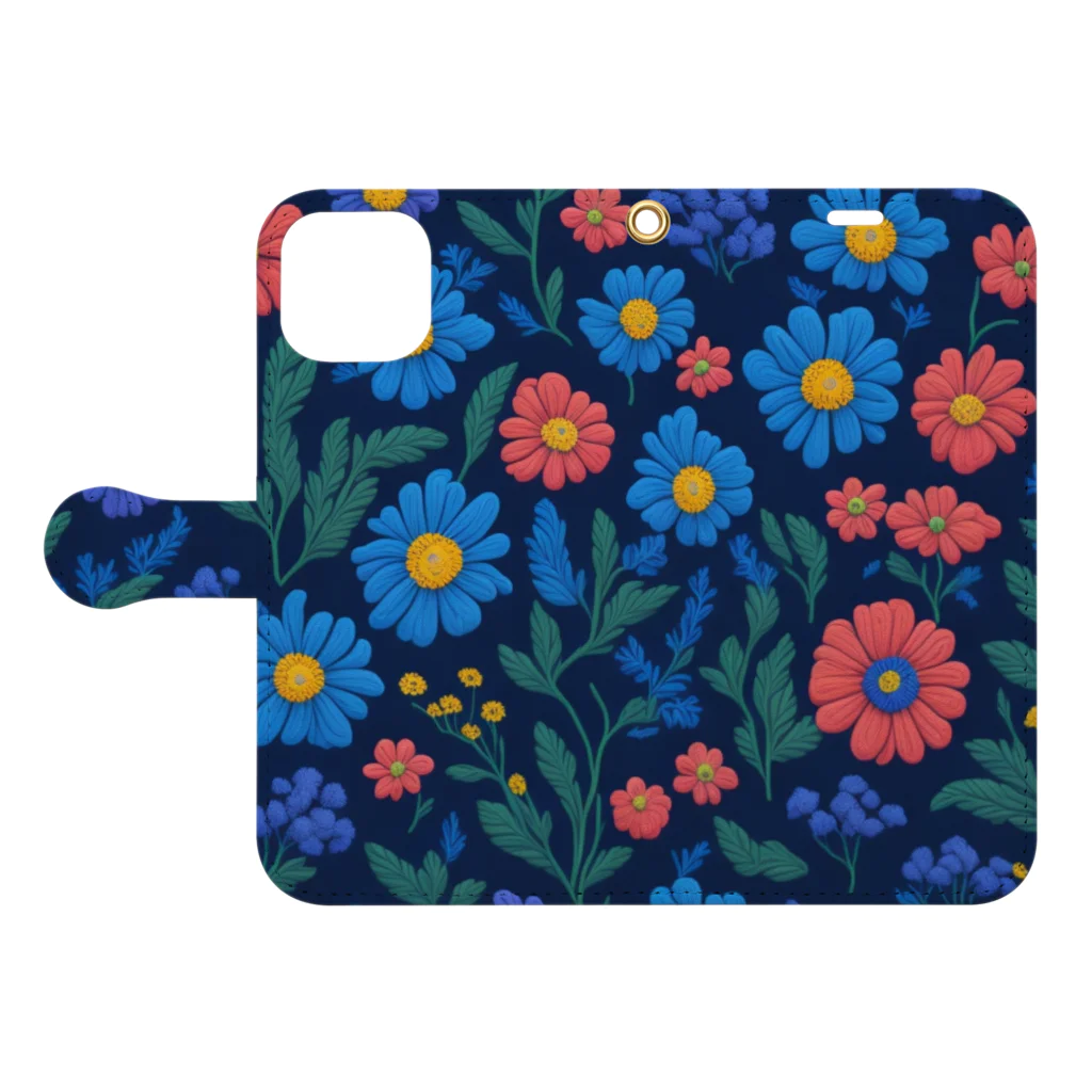 _Anzuの3D　花々　ブルー×ピンク Book-Style Smartphone Case:Opened (outside)