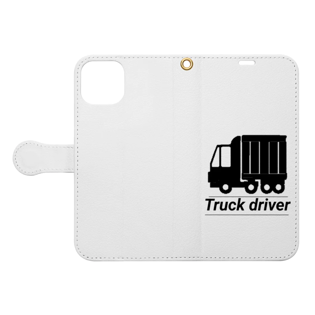 歯車デザインのトラック運転手 安全運転 物流 流通 交通 手帳型スマホケースを開いた場合(外側)