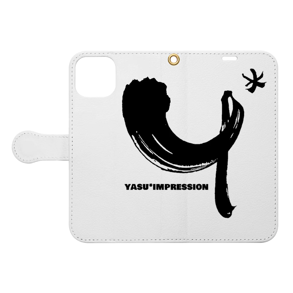 YASU-IMPRESSIONのYASU* IMPRESSION ロゴ 手帳型スマホケースを開いた場合(外側)