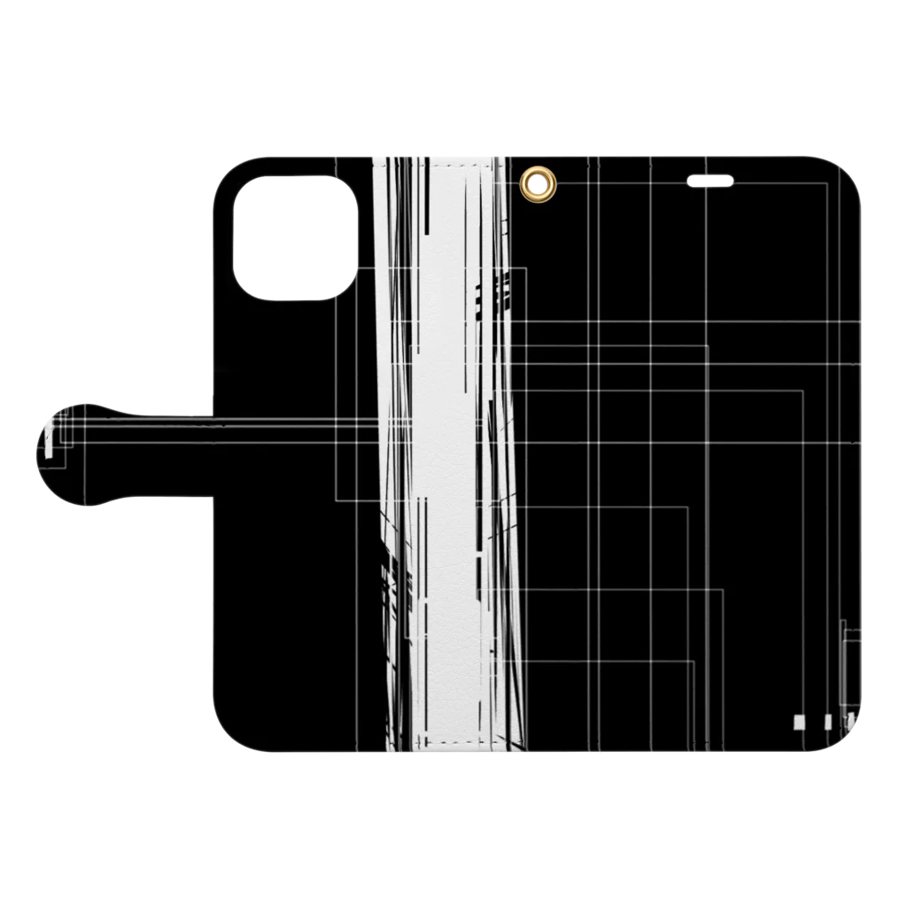 【松】黒金アートこぎん和紙和柄の96001黒ミニマムアートblack Book-Style Smartphone Case:Opened (outside)