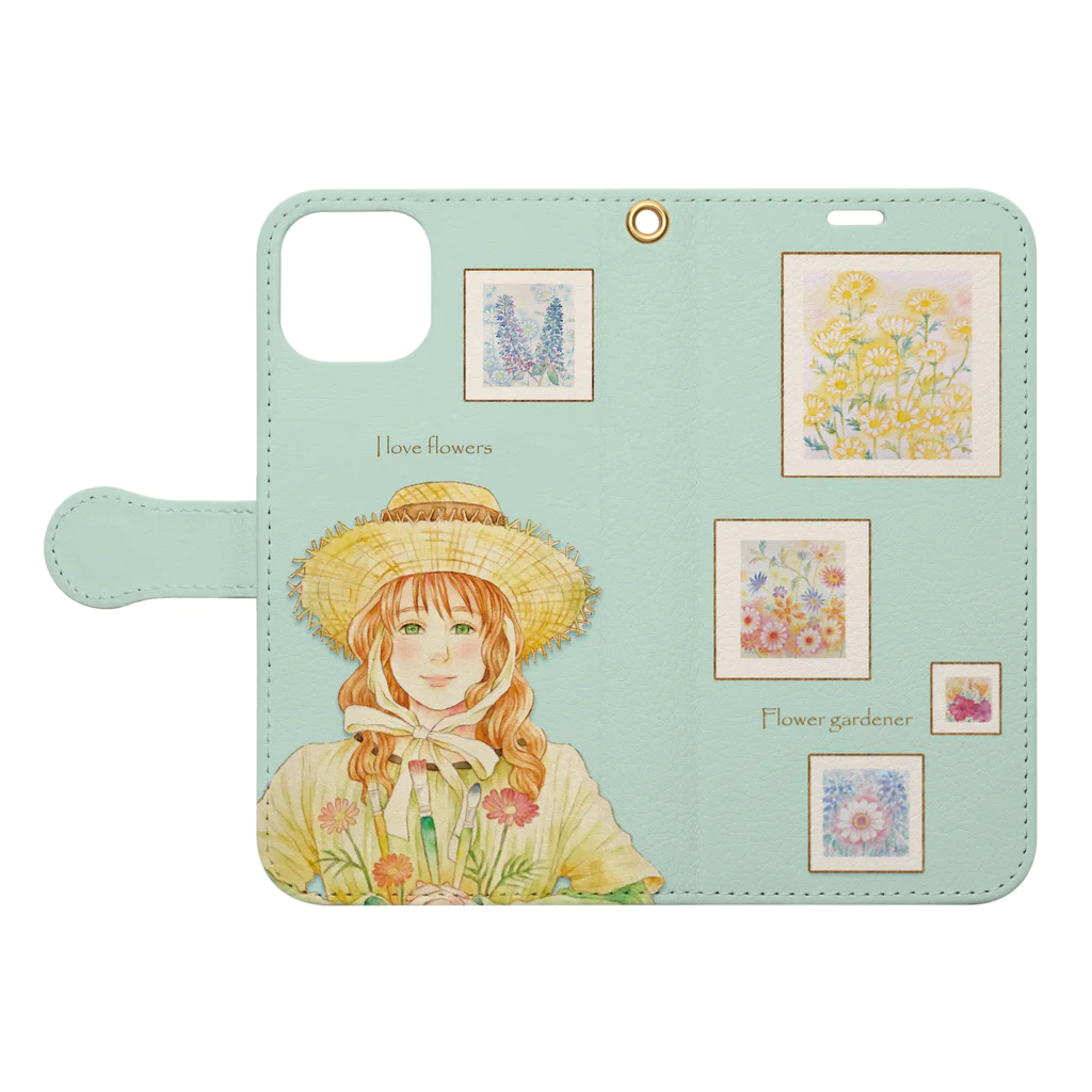 kazuyo online store【suzuri】　　　　　　　　　　　　　　　　　　　　　　　　　　　　　　　　　　　　　　　　　　　　　　　　　　　　　　　　　　　　　　　　の Flower gardener【パステルグリーン】 手帳型スマホケースを開いた場合(外側)