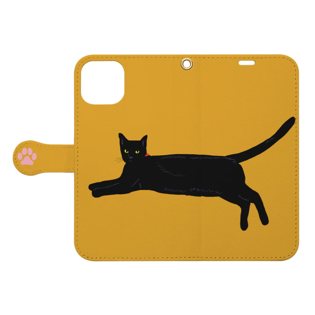 小鳥と映画館の横になる黒猫　イエロー Book-Style Smartphone Case:Opened (outside)