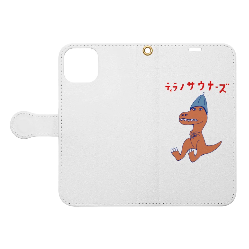 NIKORASU GOのサウナダジャレデザイン「ティラノサウナーズ」 Book-Style Smartphone Case:Opened (outside)