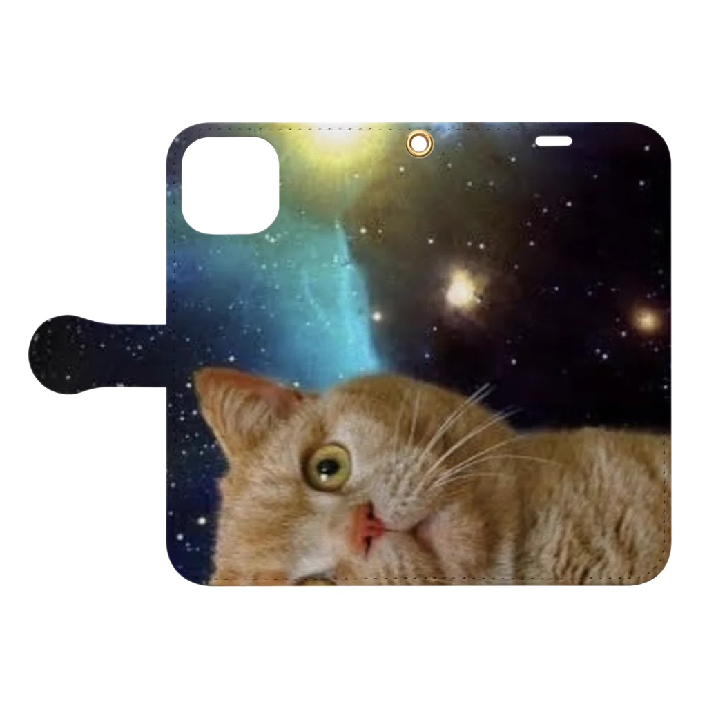 わたぬきの宇宙ねこ 手帳型スマホケースを開いた場合(外側)