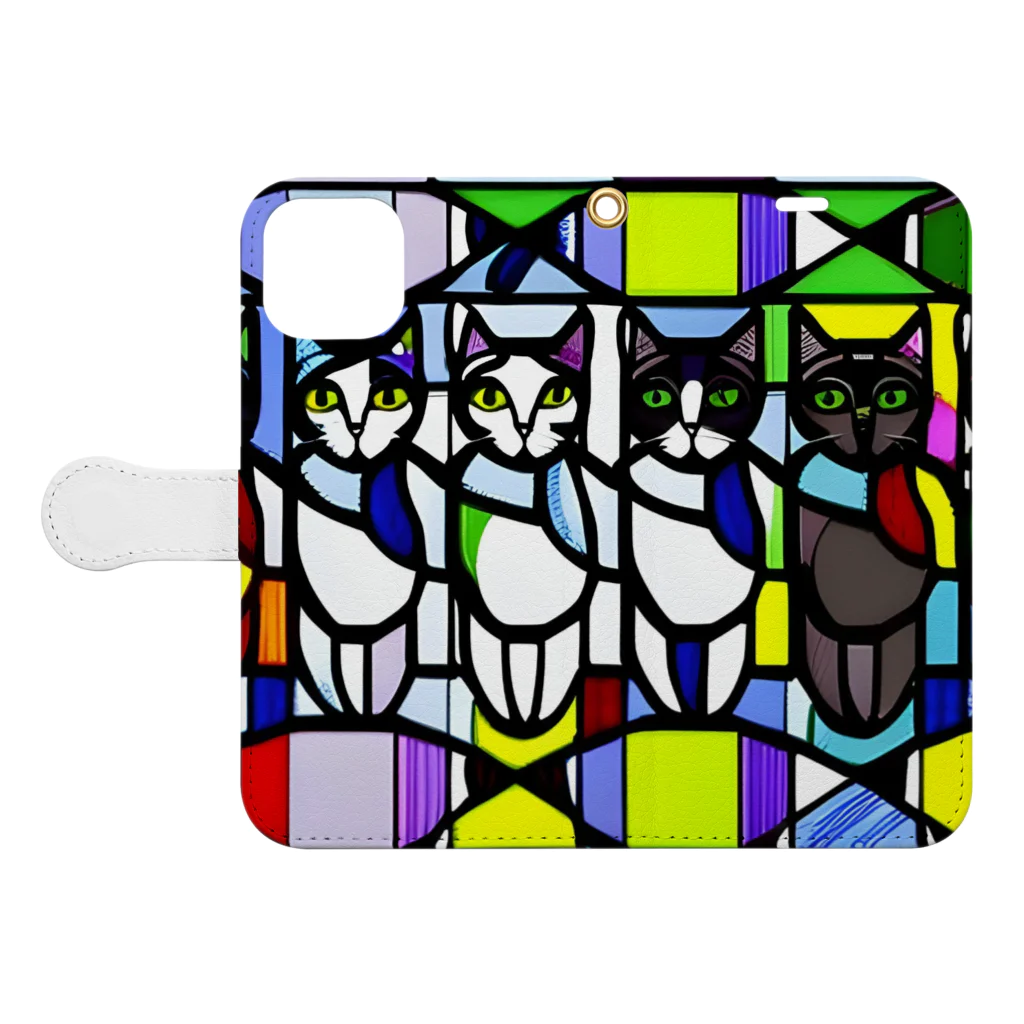 縞模様の4匹の猫A　ステンドグラス風 手帳型スマホケースを開いた場合(外側)