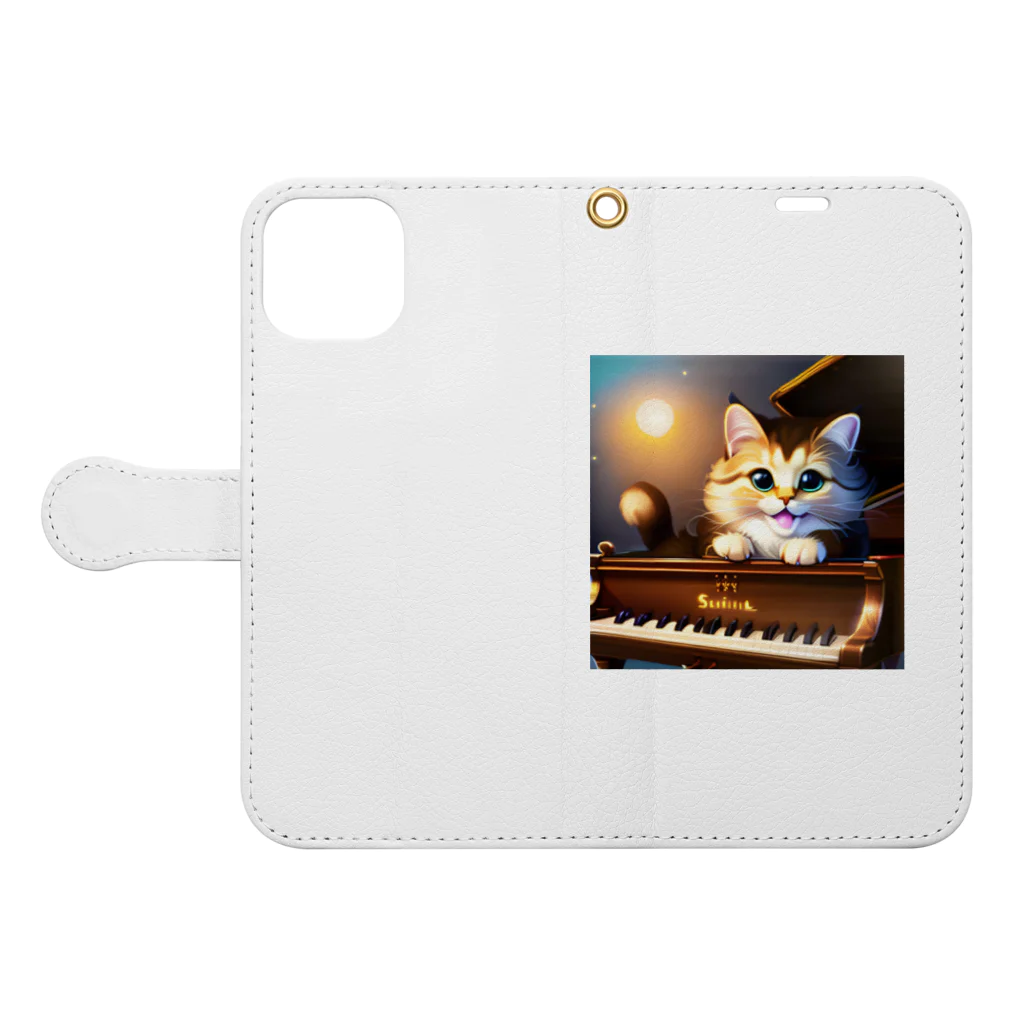 kitten pianistの子猫ピアニスト-1 手帳型スマホケースを開いた場合(外側)