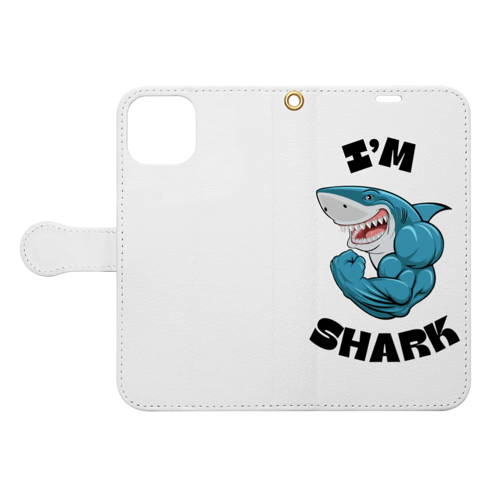 Ai蜂谷流歌によるオシャレ販売のむきむき　サメ　Shark 手帳型スマホケースを開いた場合(外側)