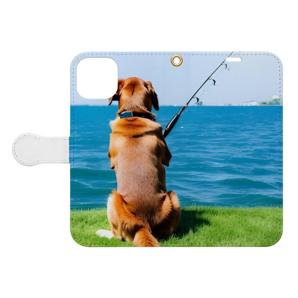 the dog is ⚫︎⚫︎ing ✖️✖️のthe dog is fishing fish Book-Style Smartphone Case:Opened (outside)