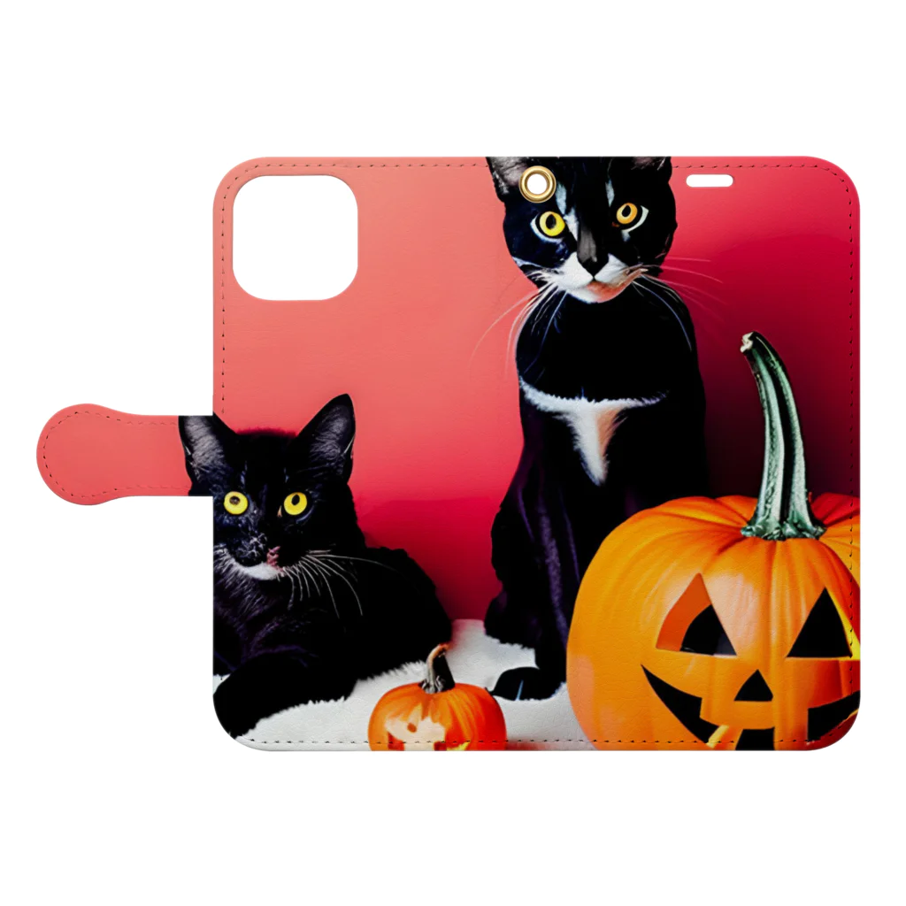 PEANUTSCHIBAの子猫達のハロウィン 手帳型スマホケースを開いた場合(外側)