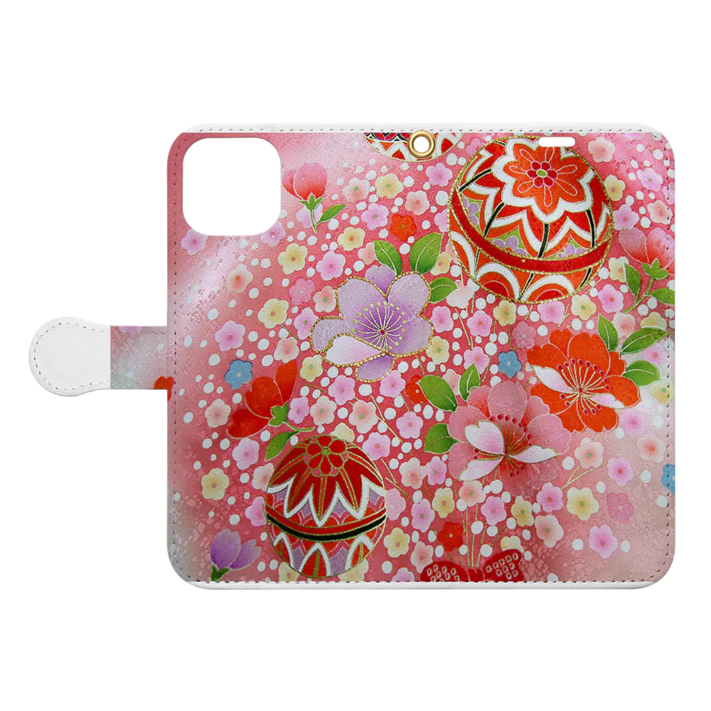 rakujuの京友禅　手毬小花　ピンク Book-Style Smartphone Case:Opened (outside)