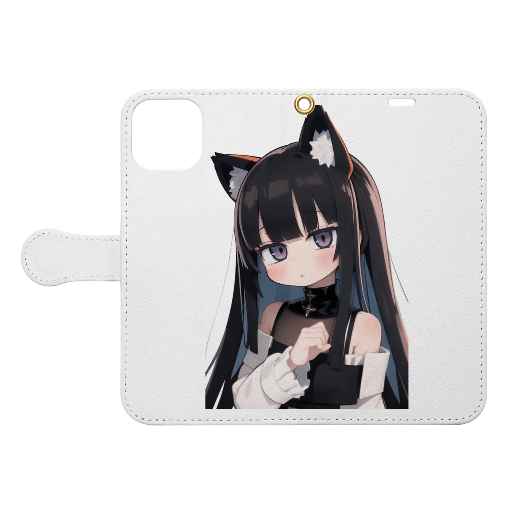 ケモ耳美少女キツネちゃん（AIart）の長い黒髪の愛らしい獣耳の少女 Book-Style Smartphone Case:Opened (outside)