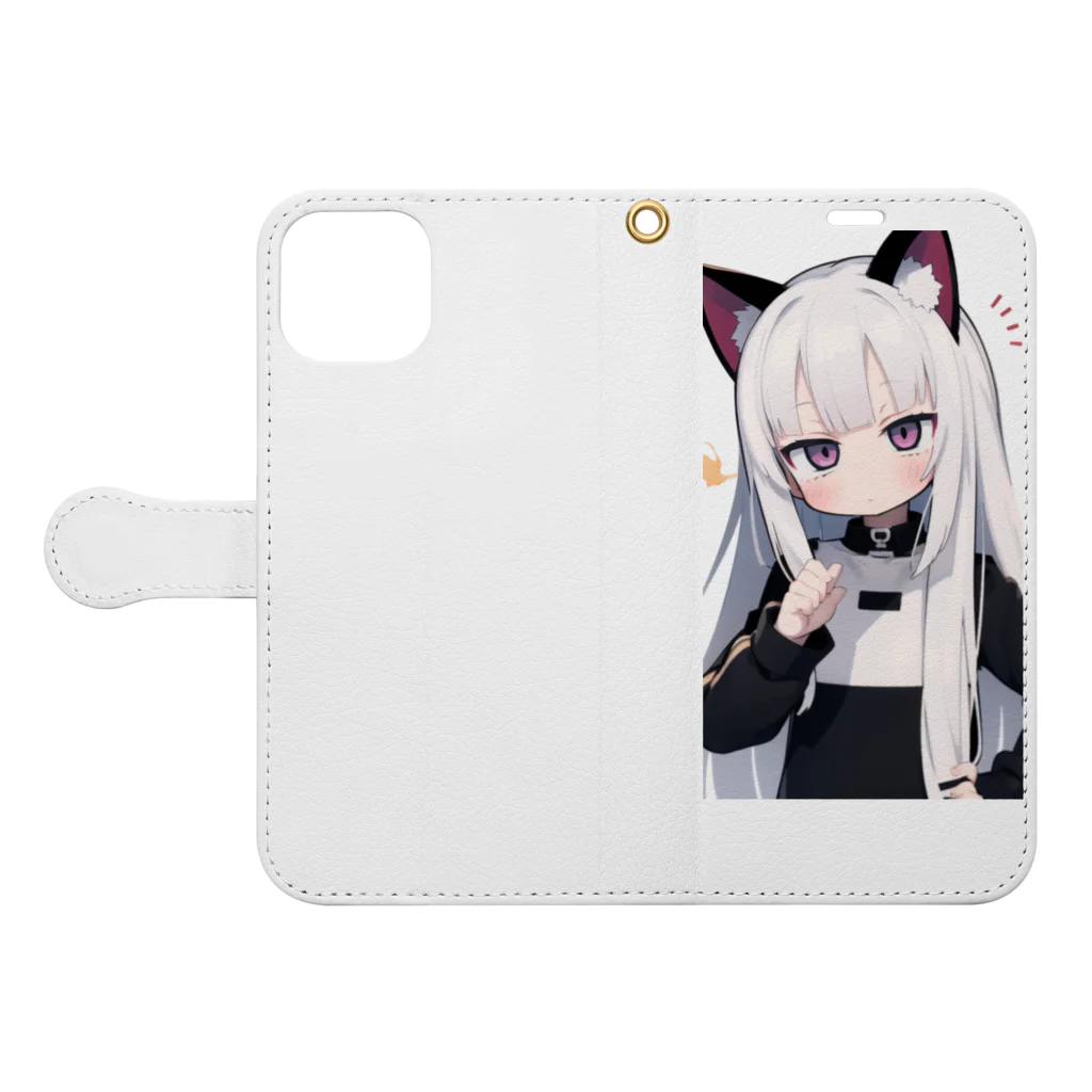 ケモ耳美少女キツネちゃん（AIart）のキュート＆ワイルドな髪の女の子 Book-Style Smartphone Case:Opened (outside)