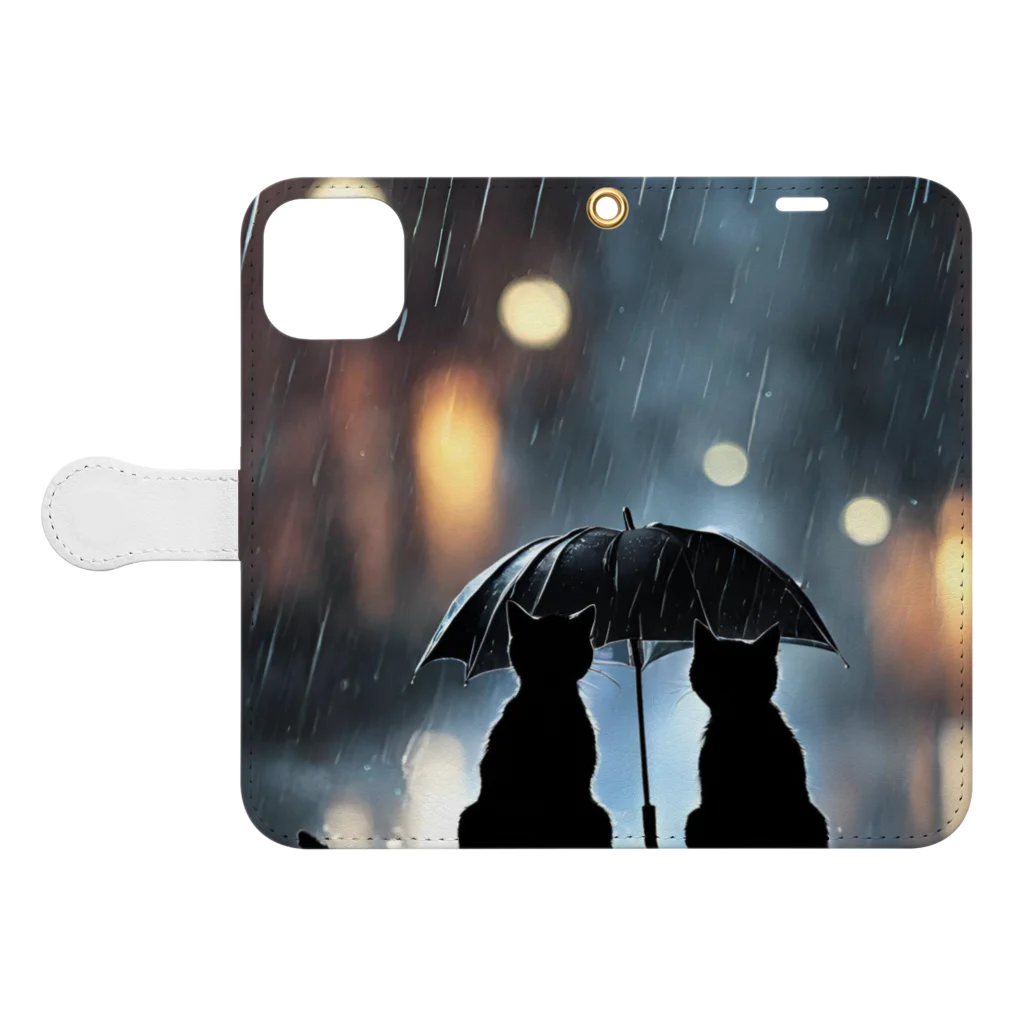 ANSの黒猫ちゃんの雨宿り Book-Style Smartphone Case:Opened (outside)